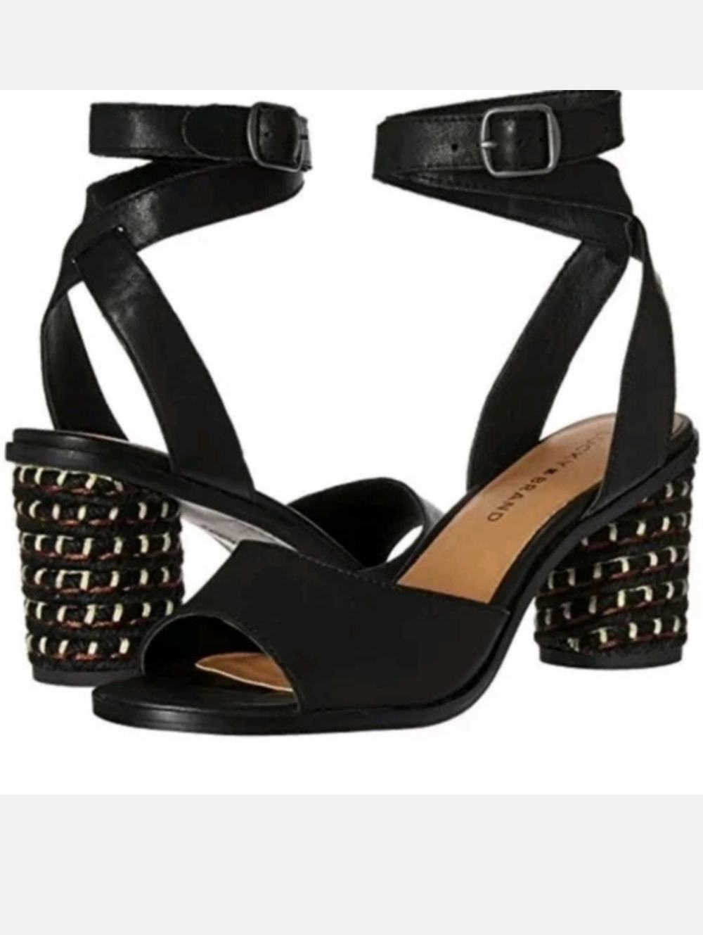 Lucky Brand Pernila Black Strappy Heels with Patterned Round Block Heel Size 9